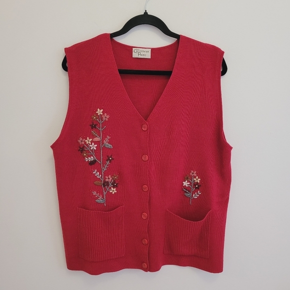 Vintage Jackets & Blazers - 3/$25 Vintage Embroidered Red Knit Buttoned Vest